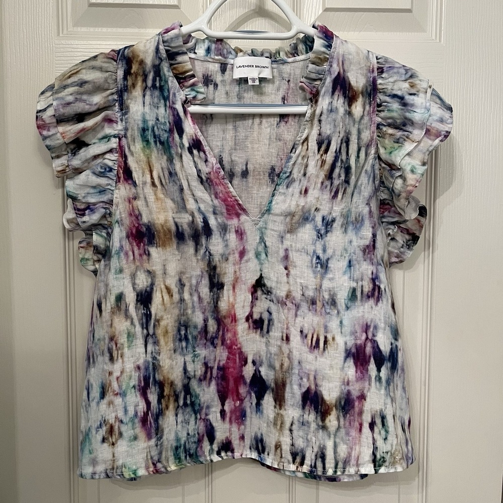 Lavender Brown Women's 100% Linen Ruffle Sleeve Top Sz XS‎ Watercolor Tie Dye